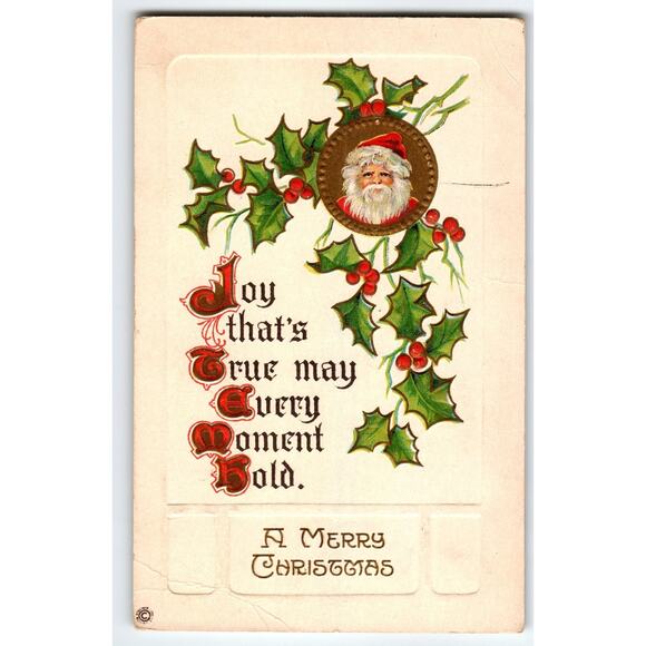Vintage Santa Claus Christmas Postcard with Holly and Embossed Design Stecher - Picture 1 of 2